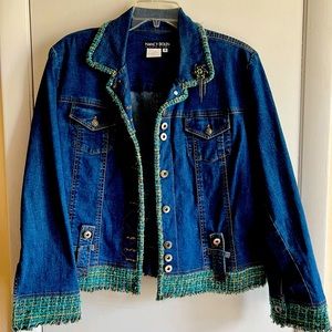 Unique Nancy Bolen City Girl Decorative Boho themed Denim Jacket size 14